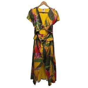 Farm Rio Women's Size Medium Yellow Garden Floral Midi Dress Viscose/Linen euc